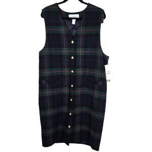 Vintage Norton McNaughton Dress Women's 14 Navy Green Plaid Preppy Academia
